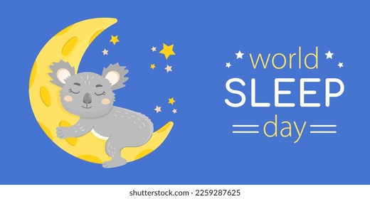 Horizontal banner for world sleep day. Cute koala sleeping on the moon with stars, world sleep day illustration.