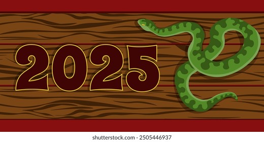 Horizontal banner for the year of the snake, green reptile symbol of the year 2025 vector illustration on a wooden background