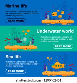 Horizontal banner yellow submarine with periscope, school of fish, angler fish. Marine life flyer with coral, seaweed - flat vector illustration