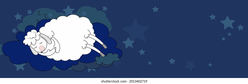 Horizontal bannerlovely lamb sleeping sweetly on the clouds  and among the stars. World sleep day and the concept of good sleep, fairy dreams, dreams and magic. 