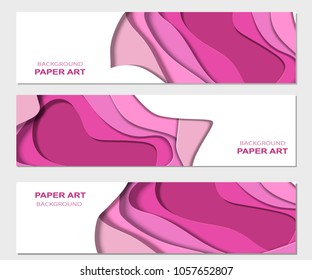 Horizontal banners with a 3D abstract background with paper cut shapes. Paper art.