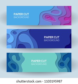 Horizontal banners with 3D abstract background with paper cut shapes. Bright modern abstract design. Vector illustration