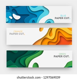 Horizontal banners with 3D abstract background, white paper cut shapes. Vector design layout for business presentations, flyers, posters and invitations. Carving art. eps 10