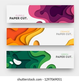 Horizontal banners with 3D abstract background, white paper cut shapes. Vector design layout for business presentations, flyers, posters and invitations. Carving art. eps 10