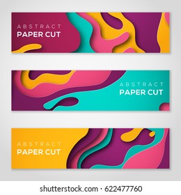 Banners horizontales con fondo abstracto 3D con formas de corte de papel. Diseño de vectores para presentaciones de negocios, volantes, afiches e invitaciones. Arte de tallado colorido - azul, amarillo y violeta