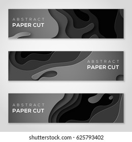 Horizontal banners with 3D abstract background, black paper cut shapes. Vector design layout for business presentations, flyers, posters and invitations. Carving art 