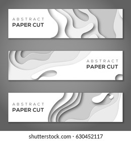 Horizontal banners with 3D abstract background, white paper cut shapes. Vector design layout for business presentations, flyers, posters and invitations. Carving art 