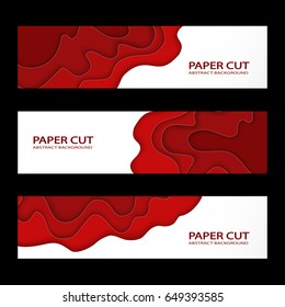 Horizontal banners with 3D abstract background, colored paper cut shapes. Vector design layout for business presentations, flyers, posters and invitations. Carving art