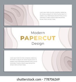 Horizontal banners with 3D abstract background, white paper cut shapes. Vector design layout for business presentations, flyers, posters and invitations. Carving art with golden text.