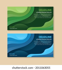 Banners horizontales con fondo azul y verde abstracto 3D con formas de corte de papel. Diseño de vectores para presentaciones de negocios, volantes, afiches e invitaciones. Arte colorido de tallado