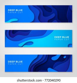 Horizontal banners with 3D abstract blue background with paper cut shapes. Vector design layout for business presentations, flyers, posters and invitations. Colorful carving art
