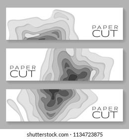 Horizontal banners with 3D abstract Paper background waves, holes. Paper carve background. Modern origami design template for banner, invitation, poster or web site design. Vector illustration.