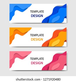 Horizontal banners with 3D abstract paper cut style. Vector design layout for web, banner, header, print flyers. Colorful carving art, blue, yellow, pink in white background
