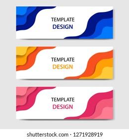 Horizontal banners with 3D abstract paper cut style. Vector design layout for web, banner, header, print flyers. Colorful carving art, blue, yellow, pink in white background