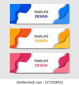 Horizontal banners with 3D abstract paper cut style. Vector design layout for web, banner, header, print flyers. Colorful carving art, blue, yellow, pink in white background
