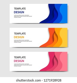 Horizontal banners with 3D abstract paper cut style. Vector design layout for web, banner, header, print flyers. Colorful carving art, blue, yellow, pink in white background