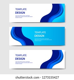 Horizontal banners with 3D abstract paper cut style. Vector design layout for web, banner, header, print flyers. Carving art in gradient blue color.