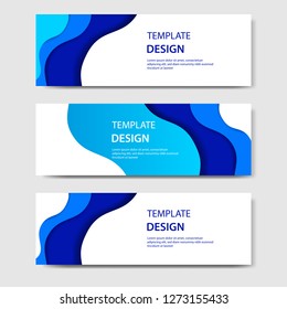 Horizontal banners with 3D abstract paper cut style. Vector design layout for web, banner, header, print flyers. Carving art in gradient blue color.