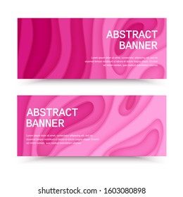 Horizontal banners with 3D abstract pink background with paper cut shapes. Layout for business presentations, flyers, posters and invitations. Colorful carving art, Vector Eps 10 design