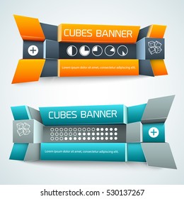 Horizontal banners from 3d geometric shapes compositions with logo and infographic elements isolated vector illustration