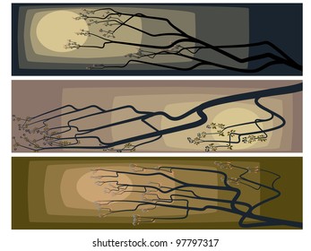 Horizontal banners of abstract illustration of blossoming tree with small flowers and leaves.