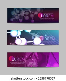 Horizontal banners with abstract molecules design. Vector illustration. Atoms. Medical background for banner or flyer. Molecular structure with blue spherical particles.