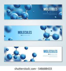 Horizontal banners with abstract molecules design. Vector illustration. Atoms. Medical background for banner or flyer. Molecular structure with blue spherical particles.