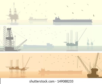 Horizontal Banners Of Abstract Oil Offshore Drilling Platforms With Tanker In Pastel Tone.