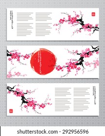 Horizontal banners with blossoming oriental cherry branch in traditional japanese sumi-e style. Hieroglyph "sakura".