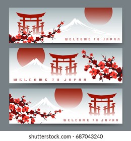 Horizontal banners with blossoming sakura, fuji mountain and japan torii door or asian art cards with chinese gate vector illustration