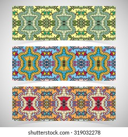 Horizontal banners or borders set with seamless texture, floral geometric lace patterns, hand drawn background, isolated elements for Invitations or Cards design, fabric or paper print.