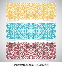Horizontal banners or borders set with seamless texture, floral geometric lace patterns, hand drawn background, isolated elements for Invitations or Cards design, fabric or paper print.