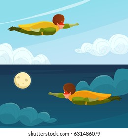 Horizontal banners with boy superhero flying on background of day and night sky isolated vector illustration