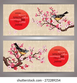 Horizontal banners with branches of the blossoming cherry-tree, the sun and birds on textural paper