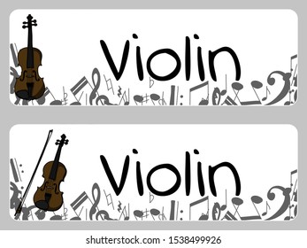 Horizontal banners, buisness card template with violin, alt and bow. Isolated vector illustration with musician on white background