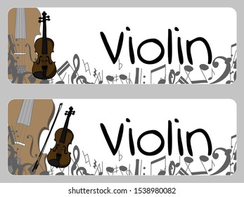 Horizontal banners, buisness card template with violin, alt and bow. Isolated vector illustration with musician on white background