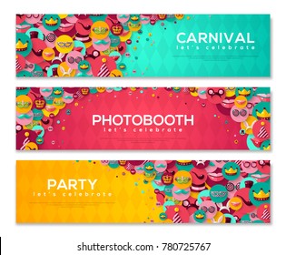 Horizontal Banners with Carnival Flat Icons in Circles. Celebration Festive Background. Vector Illustration. Masquerade Ball Concept. Funfair funny tickets.
