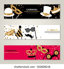 Horizontal Banners with Carnival Masks. Celebration Festive Background. Vector Illustration. Glittering Gold Pattern