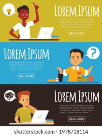 Horizontal banners collection with boys studying on their computers with various face expressions, flat vector illustration. Flyers with children in learning process.