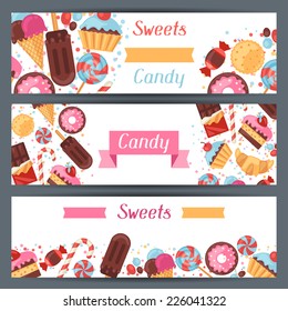 Horizontal banners with colorful candy, sweets and cakes.