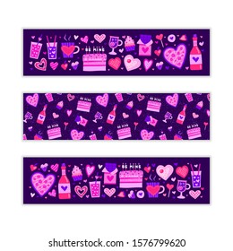 Horizontal banners with colorful doodle cute and heart shaped food icons. Used clipping mask.