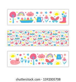 Horizontal banners with colorful doodle spring icons. Used clipping mask.