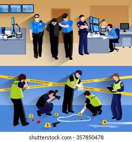 Horizontal banners compositions of  policeman people in office and criminalists working outside flat shadow vector illustration