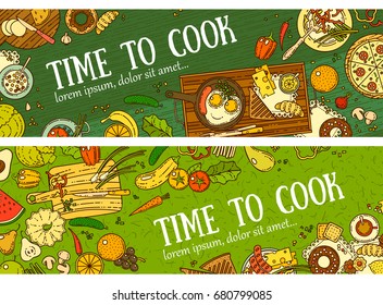 Horizontal banners. Cooking. Breakfast and Healthy diet.