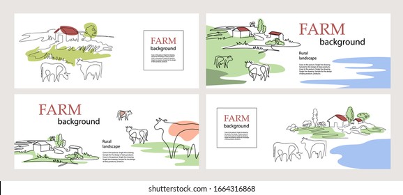 Horizontal banners. Cows and village houses. Agricultural template. Cows in the pasture. One line drawing. Set of backgrounds.