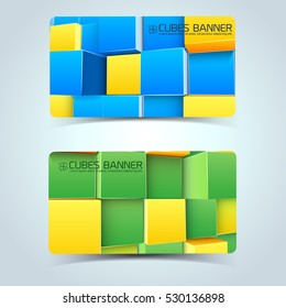 Horizontal banners with cube logo and colorful 3d geometric shapes isolated vector illustration