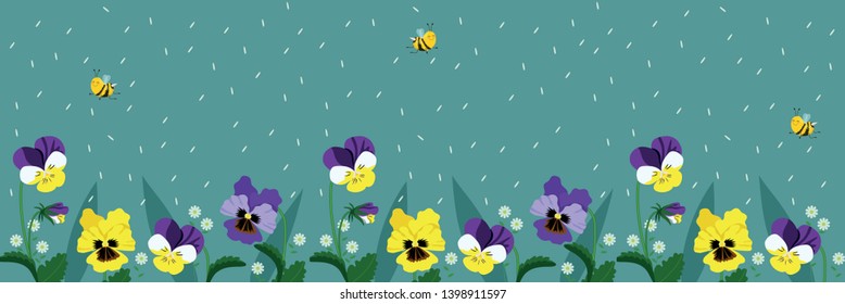Horizontal banners with cute bees and flowers. A poster with flying bees and falling petals of turquoise color. vector illustration