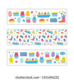 Horizontal banners with cute colorful doodle Easter icons. Used clipping mask.