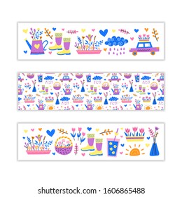 Horizontal banners with cute colorful spring icons. Used clipping mask.