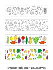 Pancartas horizontales con adorables verduras de doodle como brócoli, ajo, pepino, batata, cebolla, calabacín, berenjena, marihuana, tomate, zanahoria, pimiento, maíz, etc. Máscara de recorte usada.
